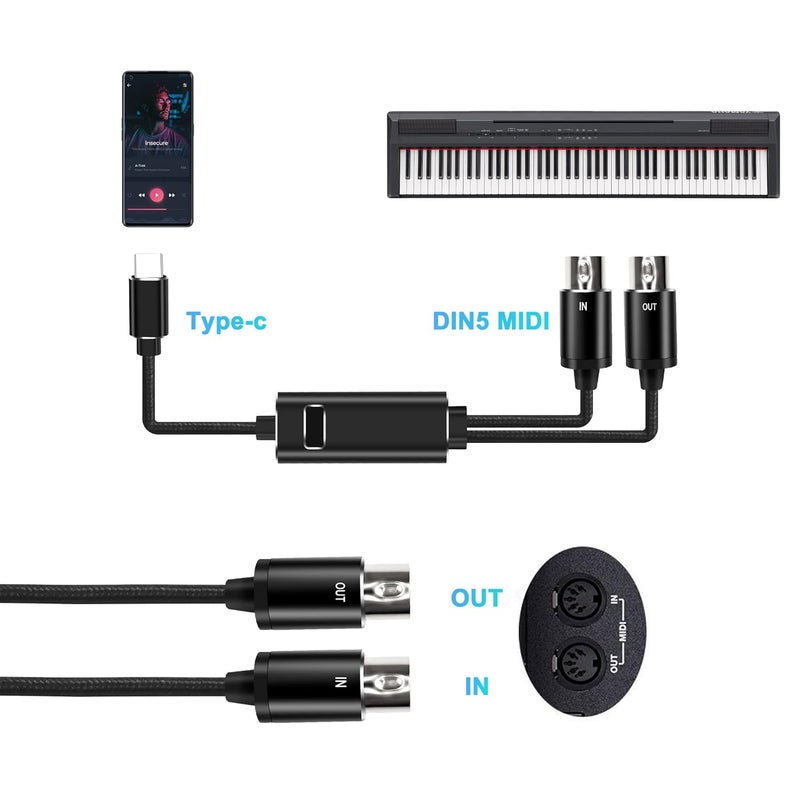 XMSJSIY MIDI to USB C Type-C Interface Cable Adapter 5 Pin MIDI to Type-C Input&Output Adapter Cord Converter for Piano Keyboard to PC Mac Laptop with LED Indicator -2M/6.5FT - Image 4